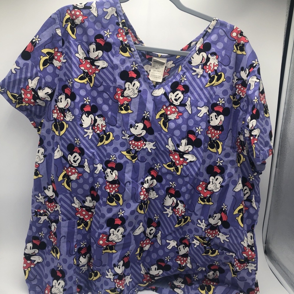 Disney Minnie Mouse Scrub Top Purple Size XXXL 3X Authentic AllOver Print Preown
